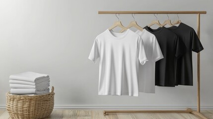 Blank T-shirts Mockup: White and Black Tees on Wooden Rack with Folded Towels in a Basket