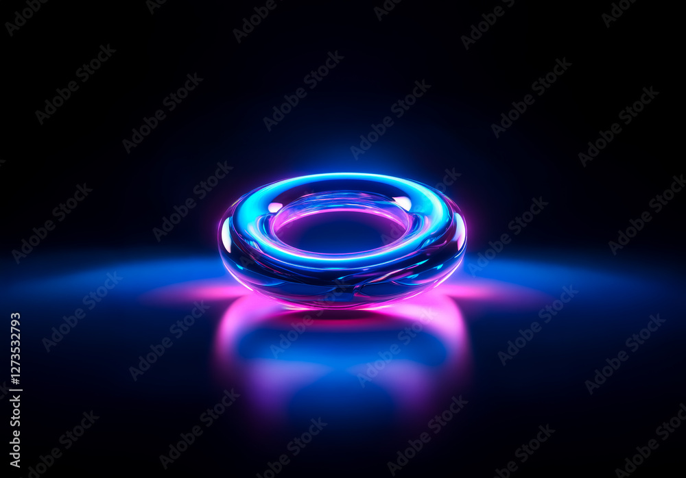 Poster shenzhen, china - unknown date : a luminous torus glows with vibrant blue and pink hues against a da