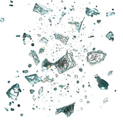 Shattering glass fragments captured in midair isolated on transparent background