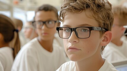 Young student engaged in e learning with headphones and glasses in a modern classroom setting