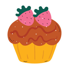 cute hand drawing cartoon cupcake with strawberry on it. cute dessert cartoon sticker