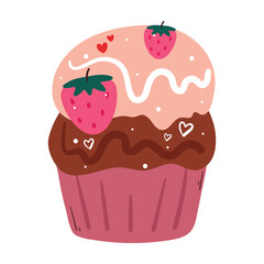 cute hand drawing cartoon cupcake with strawberry on it. cute dessert cartoon sticker