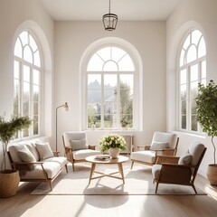 Sunlit Living Room with Arched Windows and Modern Furniture