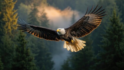 Obraz premium Majestic Bald Eagle Soaring Through A Misty Forest