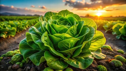 Obraz premium Dusk's embrace: vibrant green lettuce fields bathed in low light.