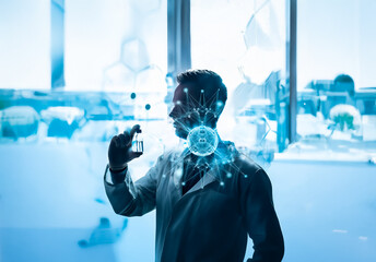 Shenzhen, China - Unknown Date : A scientist in a lab coat examines a vial in a bright, modern laboratory. Digital network graphics overlay the scene, representing advanced technology in science and m