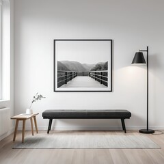 Modern Minimalist Living Room Interior with Mountain View Artwork