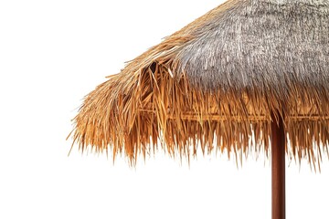 Tropical Paradise: Isolated Thatched Beach Umbrella, Perfect for Summer Vacation Designs, Travel Brochures, Website Banners, and Tropical Themed Projects. High-resolution image ideal for print and    