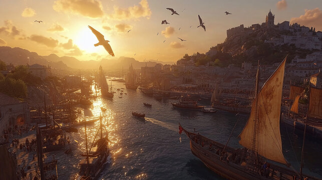 Coastal cityscape at sunset with ships in harbor and birds flying across the sky, conveying peace and historical charm under a warm golden light.