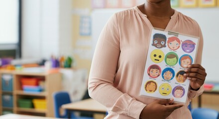 Teacher holding emotion chart in multicultural classroom to teach kids emotional intelligence and expression