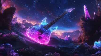 Obraz premium Crystal guitar on alien planet, cosmic sunset; album art