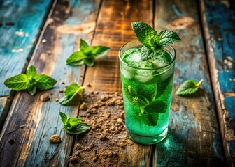 Fototapeta premium Emerald mint drink, glistening in glass, rests on weathered wood; urban exploration's sweet respite.
