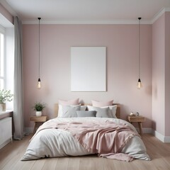 Cozy Pink Bedroom Interior with Empty Canvas Mockup