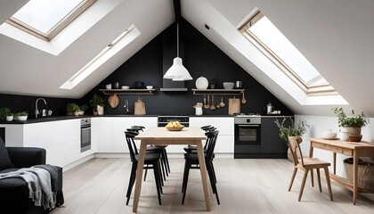 Modern Scandinavian Kitchen in Attic Apartment with Skylights