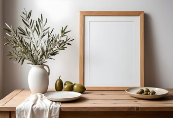 Minimalist Still Life with Olive Branches, Frame, and Olives