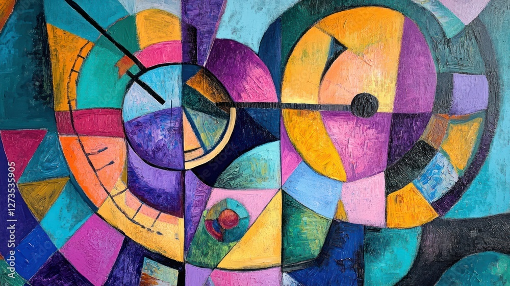 Poster Abstract painting features colorful geometric shapes and circular forms
