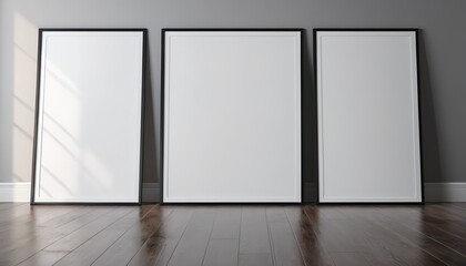 Three Blank Canvas Frames on Hardwood Floor