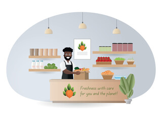 Illustration of an eco-friendly store with fresh products and sustainable packaging, highlighting customer service and environmental commitment.