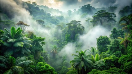 Heavy fog surrounds dense jungle foliage, vegetation, jungle,  vegetation