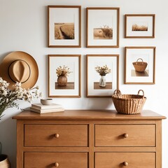 Wooden Chest of Drawers with Gallery Wall and Rustic Decor