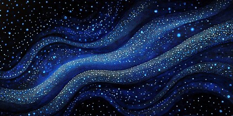 Obraz premium Elegant blue-white speckles dance across a deep midnight blue backdrop, with delicate lines and curves weaving dynamic motion into an intricately detailed tapestry