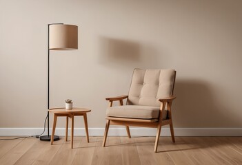 Modern Beige Armchair with Wooden Side Table and Floor Lamp in Minimalist Interior