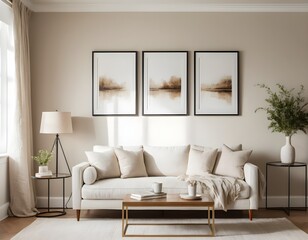 Neutral Living Room Interior with Beige Sofa and Artwork