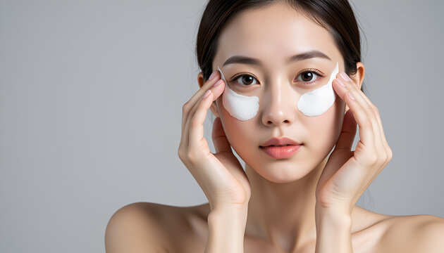 Beautiful asian woman applying eye patches for refreshed look - skincare and self-care