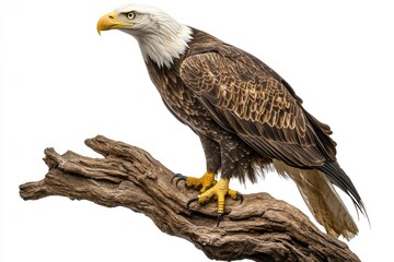 Obraz premium Majestic bald eagle perched on weathered driftwood, showcasing its powerful talons and striking plumage.
