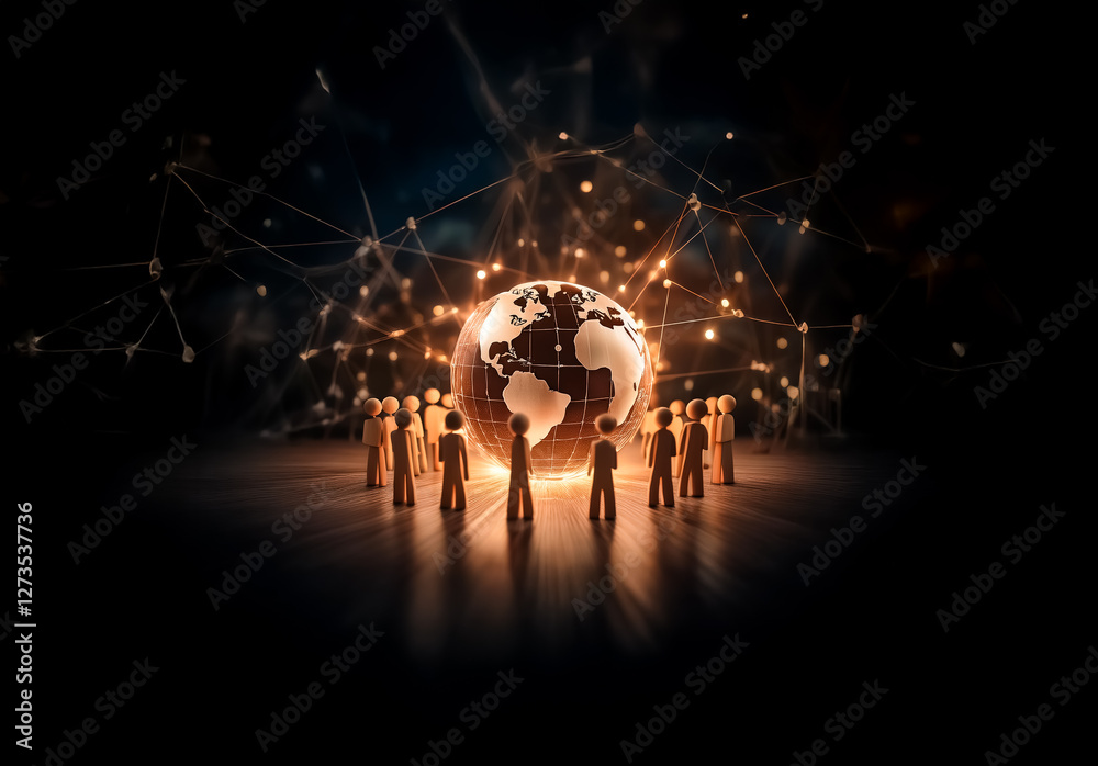 Leinwandbilder shenzhen, china - unknown date : stick figures encircle a radiant globe, linked by a luminous networ