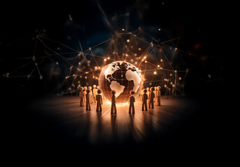 Shenzhen, China - Unknown Date : Stick figures encircle a radiant globe, linked by a luminous network. Symbolizing worldwide connection and digital community in the modern era.