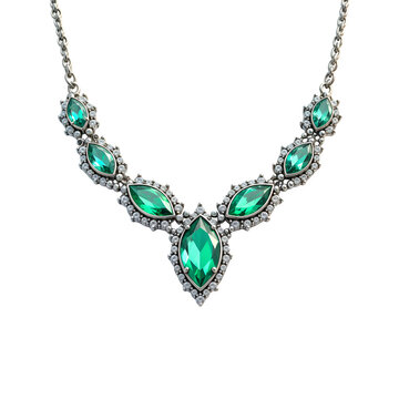 Silver necklace with green diamonds isolated on transparent background. Silver necklace with emerald, topaz, sapphir png. Jewelry and gemstones