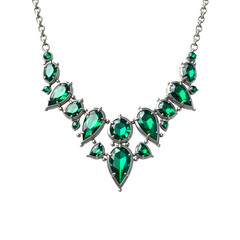 Silver necklace with green diamonds isolated on transparent background. Silver necklace with emerald, topaz, sapphir png. Jewelry and gemstones