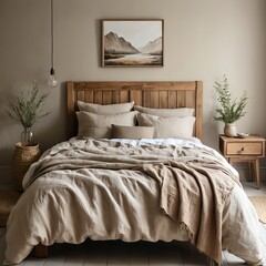 Calm Beige Linen Bedroom Interior