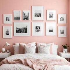 Gallery Wall in Pink Bedroom with White Frames and Black and White Cityscapes