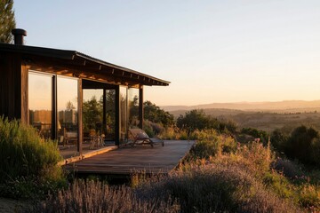 Obraz premium Rural cabin relaxation at dawn, showcasing nature views and possible vacation use