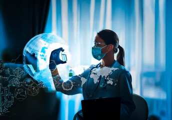 Shenzhen, China - Unknown Date : A medical person wearing a mask examines a vial in a blue indoor setting. Digital globe and data graphics overlay the scene.