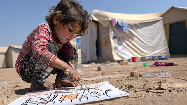 Child draws a house on refugee camp ground, yearning for home and normal life. World Refugee Day
