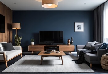 Modern Living Room Interior with Dark Blue Walls and Wooden Furniture