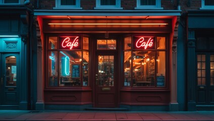 Fototapeta premium Retro Urban Café Exterior with Neon Signage