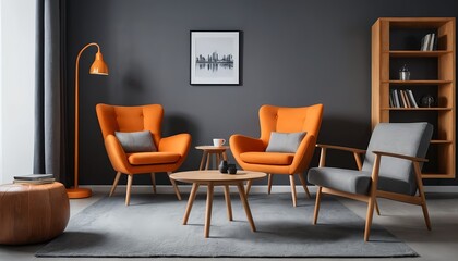 Modern Living Room Interior with Orange Armchairs and Grey Accent Chair