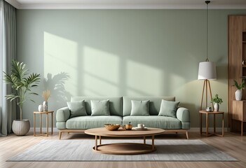 Modern Living Room Interior Design with Sage Green Sofa and Wooden Coffee Table