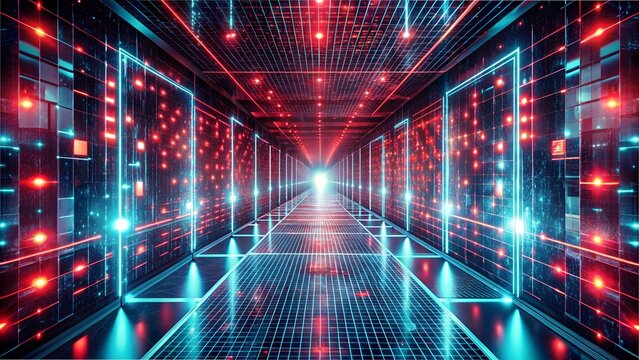 Digital Matrix Tunnel: Futuristic Cyberpunk Corridor with Red Glowing Binary Code

