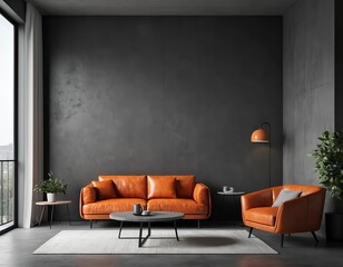Modern Living Room Interior with Orange Leather Sofa and Armchair