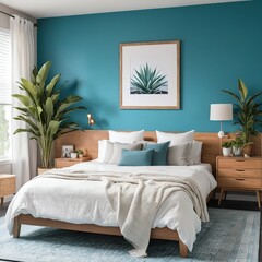 Serene Teal Bedroom Interior Design with Wooden Bed and Plants