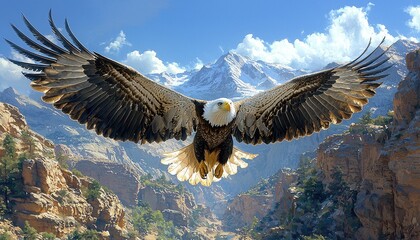 Fototapeta premium Majestic Bald Eagle Soaring Over Mountainous Terrain