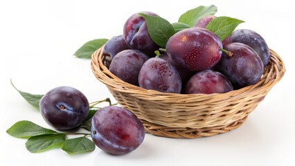 Plums in Basket on White Background
