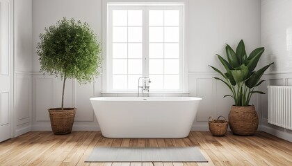 Modern Minimalist Bathroom with Freestanding Tub and Greenery