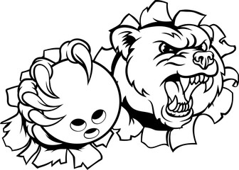 A grizzly bear bowling animal mascot holding a ball in his claw