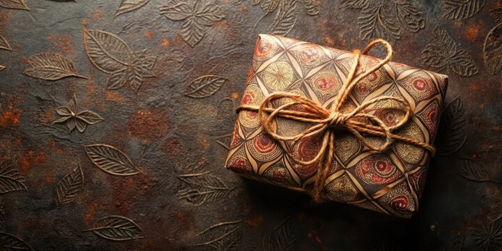 A Beautifully Wrapped Gift with a Rustic, Ornate Design on a Textured Background
